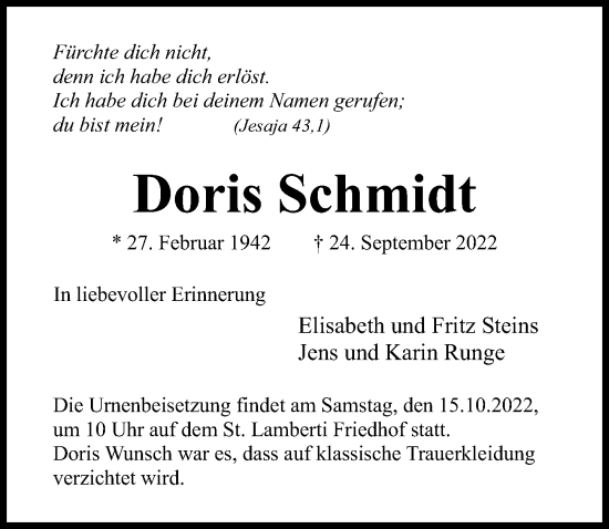 Traueranzeige von Doris Schmidt von Hildesheimer Allgemeine Zeitung