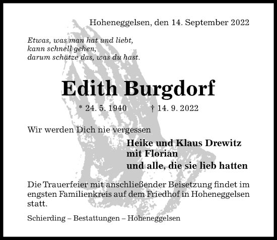 Traueranzeige von Edith Burgdorf von Hildesheimer Allgemeine Zeitung