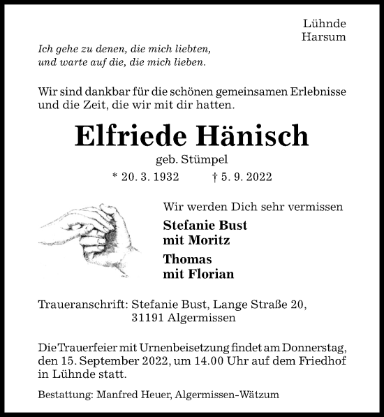 Traueranzeige von Elfriede Hänisch von Hildesheimer Allgemeine Zeitung