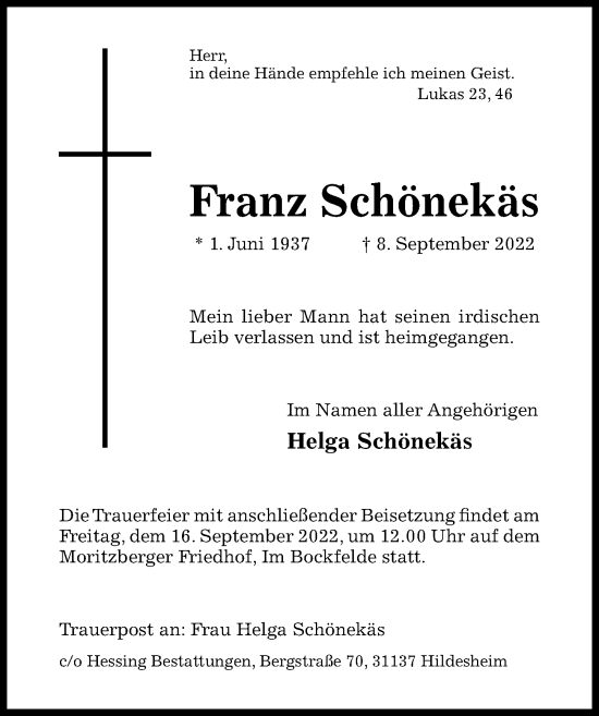 Traueranzeige von Franz Schönekäs von Hildesheimer Allgemeine Zeitung