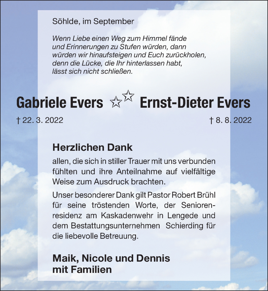  Traueranzeige für Gabriele Evers vom 01.09.2022 aus Hildesheimer Allgemeine Zeitung