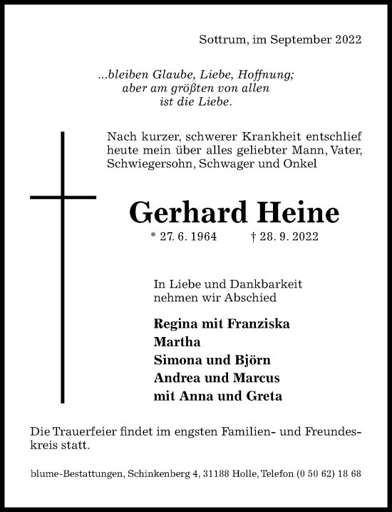 Traueranzeige von Gerhard Heine von Hildesheimer Allgemeine Zeitung
