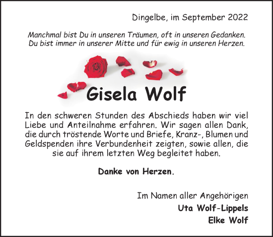 Traueranzeige von Gisela Wolf von Hildesheimer Allgemeine Zeitung