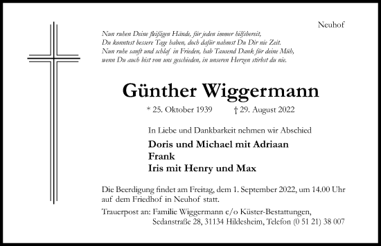 Traueranzeige von Günther Wiggermann von Hildesheimer Allgemeine Zeitung