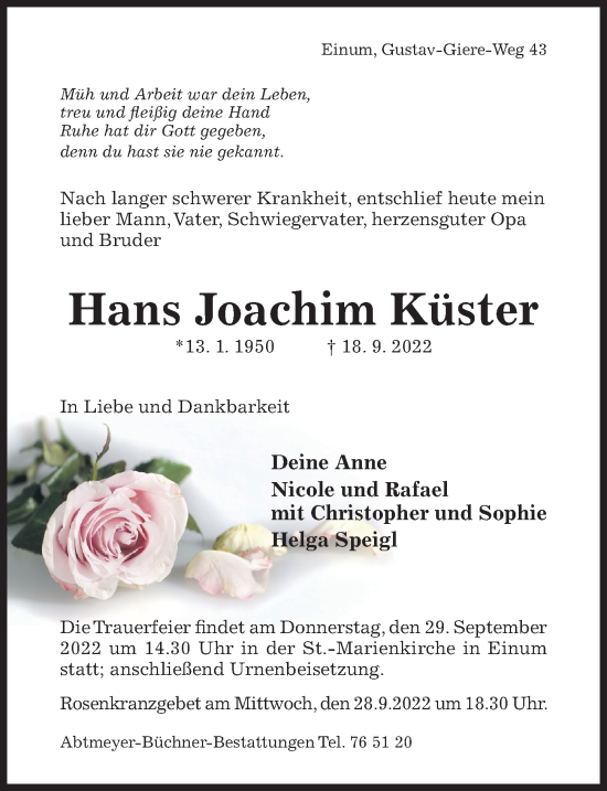 Traueranzeige von Hans Joachim Küster von Hildesheimer Allgemeine Zeitung