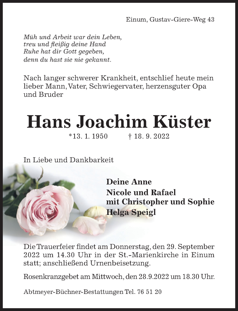  Traueranzeige für Hans Joachim Küster vom 22.09.2022 aus Hildesheimer Allgemeine Zeitung