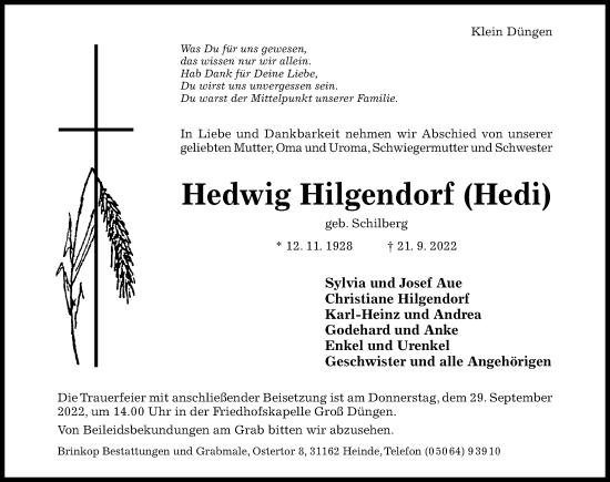 Traueranzeige von Hedwig Hilgendorf von Hildesheimer Allgemeine Zeitung