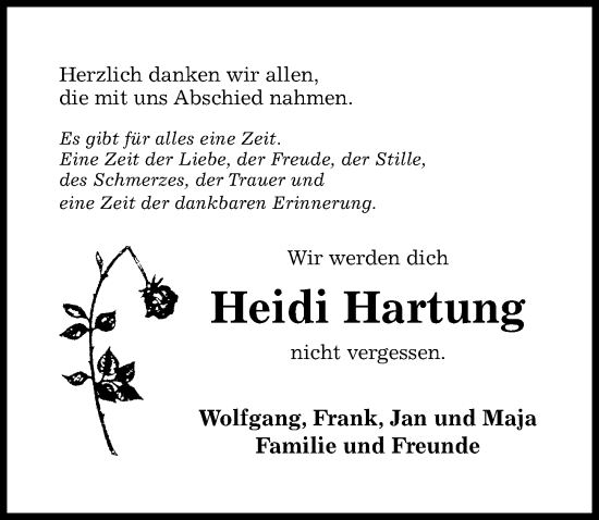 Traueranzeige von Heidi Hartung von Hildesheimer Allgemeine Zeitung