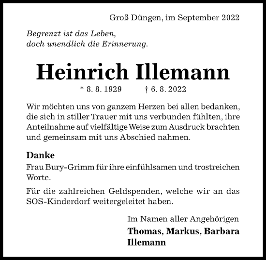 Traueranzeige von Heinrich Illemann von Hildesheimer Allgemeine Zeitung