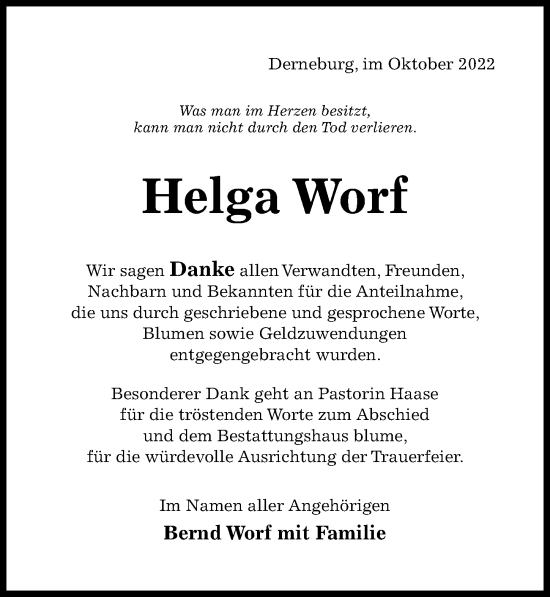 Traueranzeige von Helga Worf von Hildesheimer Allgemeine Zeitung