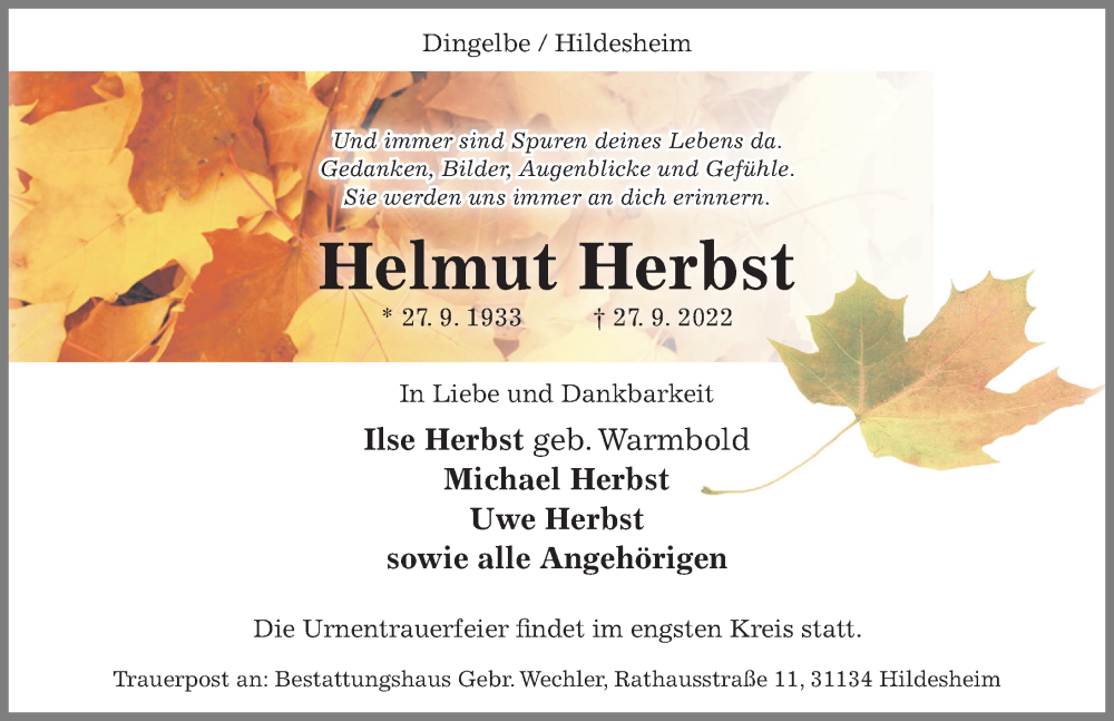  Traueranzeige für Helmut Herbst vom 01.10.2022 aus Hildesheimer Allgemeine Zeitung