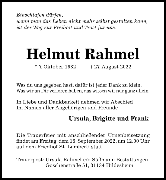 Traueranzeige von Helmut Rahmel von Hildesheimer Allgemeine Zeitung