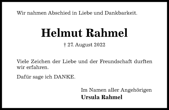 Traueranzeige von Helmut Rahmel von Hildesheimer Allgemeine Zeitung