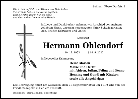 Traueranzeige von Hermann Ohlendorf von Hildesheimer Allgemeine Zeitung