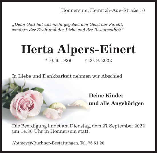 Traueranzeige von Herta Alpers-Einert von Hildesheimer Allgemeine Zeitung