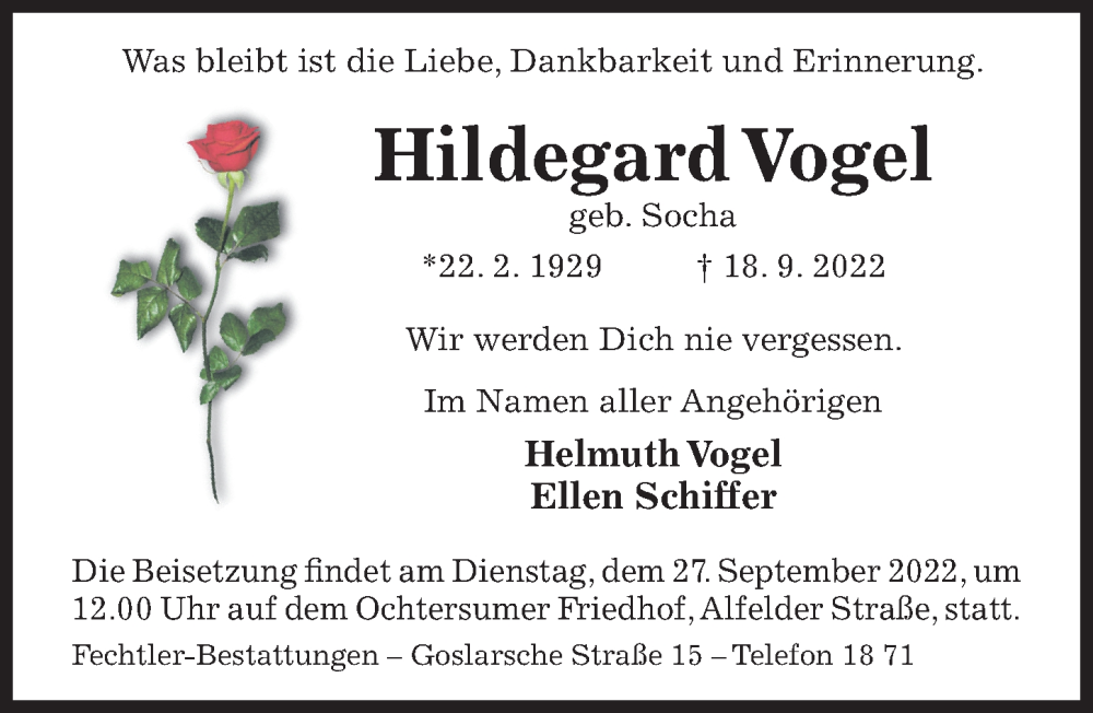  Traueranzeige für Hildegard Vogel vom 22.09.2022 aus Hildesheimer Allgemeine Zeitung