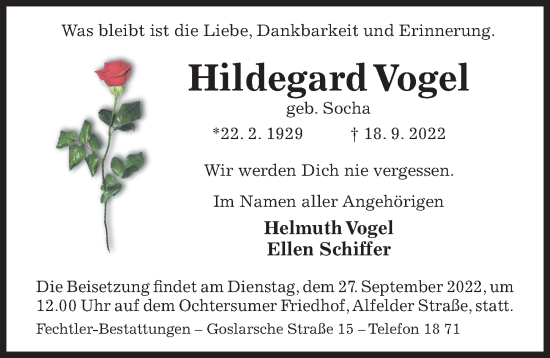 Traueranzeige von Hildegard Vogel von Hildesheimer Allgemeine Zeitung