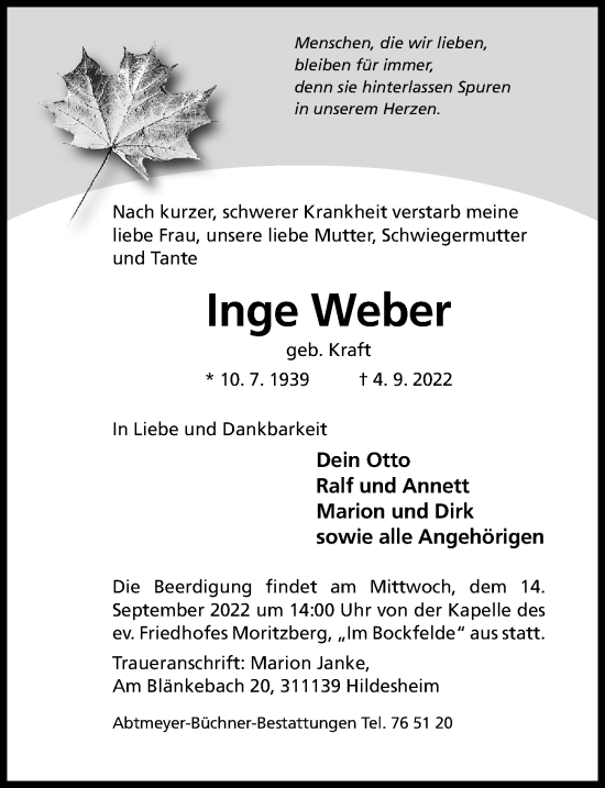 Traueranzeige von Inge Weber von Hildesheimer Allgemeine Zeitung