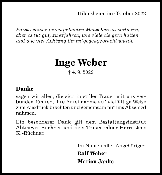 Traueranzeige von Inge Weber von Hildesheimer Allgemeine Zeitung