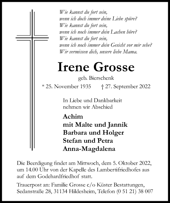 Traueranzeige von Irene Grosse von Hildesheimer Allgemeine Zeitung