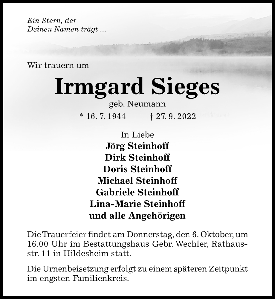  Traueranzeige für Irmgard Sieges vom 01.10.2022 aus Hildesheimer Allgemeine Zeitung