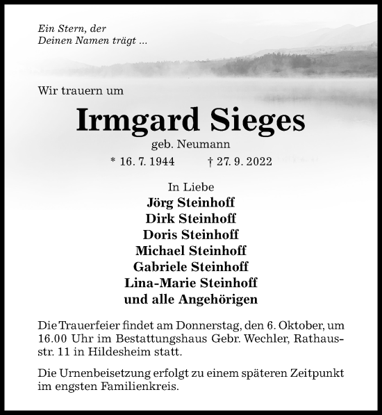 Traueranzeige von Irmgard Sieges von Hildesheimer Allgemeine Zeitung