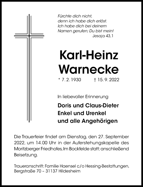 Traueranzeige von Karl-Heinz Warnecke von Hildesheimer Allgemeine Zeitung