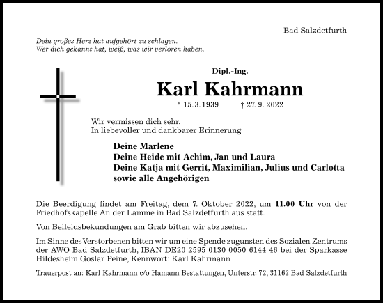 Traueranzeige von Karl Kahrmann von Hildesheimer Allgemeine Zeitung