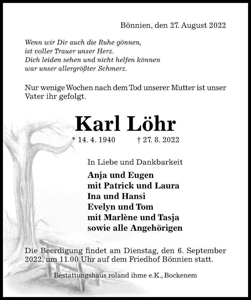  Traueranzeige für Karl Löhr vom 01.09.2022 aus Hildesheimer Allgemeine Zeitung