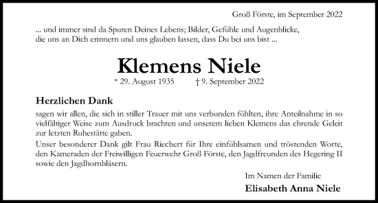 Traueranzeige von Klemens Niele von Hildesheimer Allgemeine Zeitung