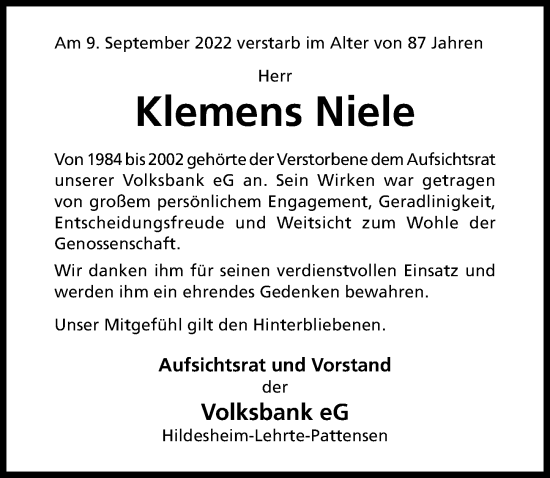 Traueranzeige von Klemens Niele von Hildesheimer Allgemeine Zeitung