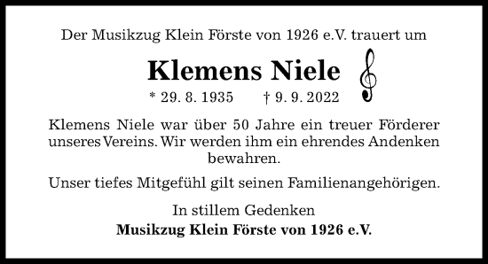 Traueranzeige von Klemens Niele von Hildesheimer Allgemeine Zeitung