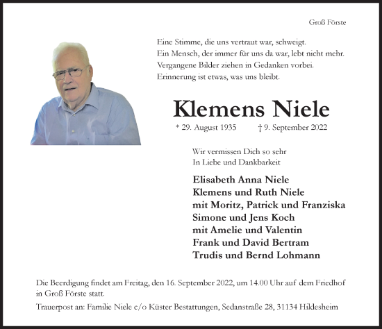 Traueranzeige von Klemens Niele von Hildesheimer Allgemeine Zeitung