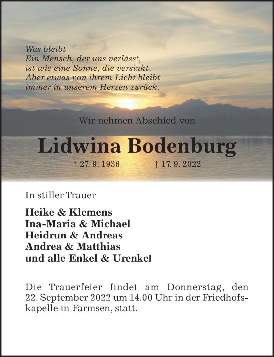 Traueranzeige von Lidwina Bodenburg von Hildesheimer Allgemeine Zeitung