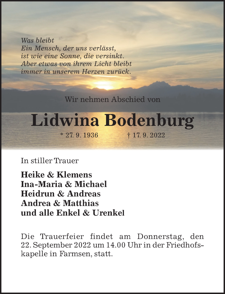 Traueranzeige für Lidwina Bodenburg vom 20.09.2022 aus Hildesheimer Allgemeine Zeitung