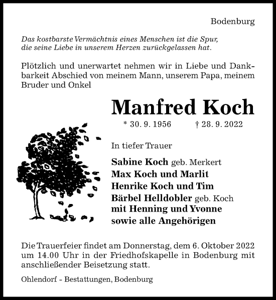 Traueranzeige von Manfred Koch von Hildesheimer Allgemeine Zeitung