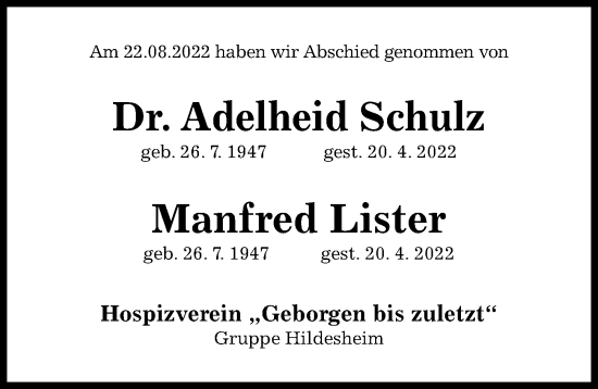 Traueranzeige von Manfred Lister von Hildesheimer Allgemeine Zeitung