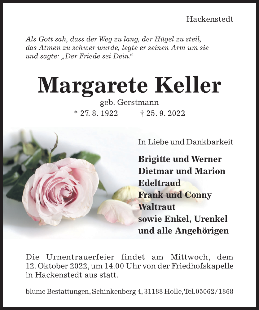  Traueranzeige für Margarete Keller vom 28.09.2022 aus Hildesheimer Allgemeine Zeitung
