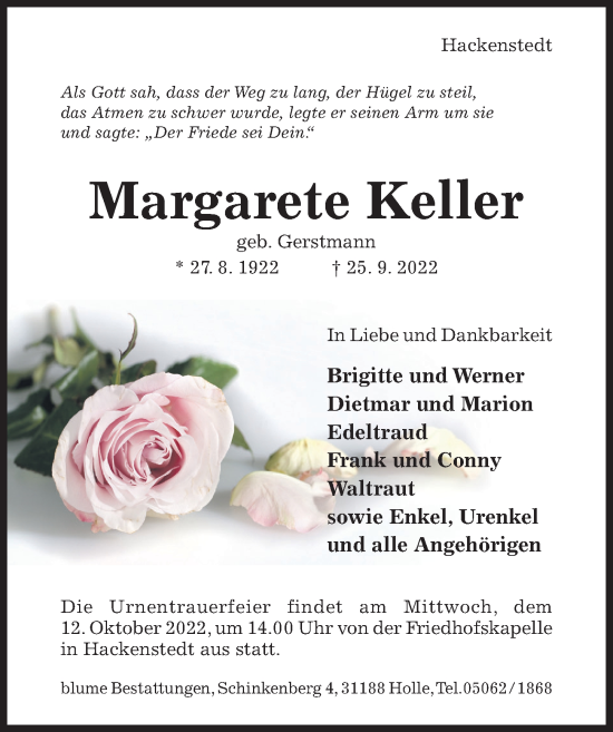 Traueranzeige von Margarete Keller von Hildesheimer Allgemeine Zeitung