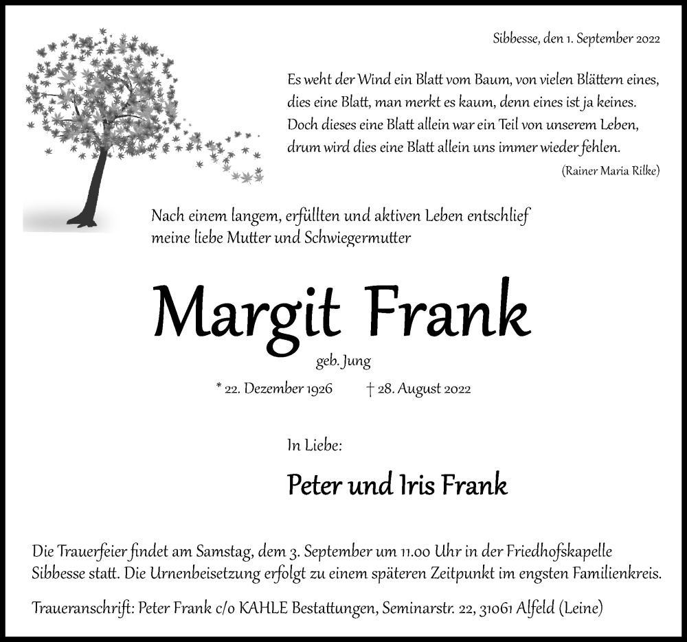  Traueranzeige für Margit Frank vom 01.09.2022 aus Hildesheimer Allgemeine Zeitung
