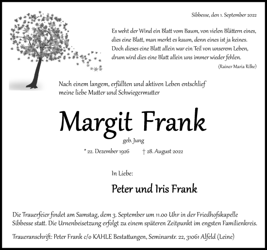 Traueranzeige von Margit Frank von Hildesheimer Allgemeine Zeitung