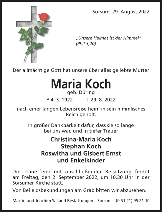 Traueranzeige von Maria Koch von Hildesheimer Allgemeine Zeitung