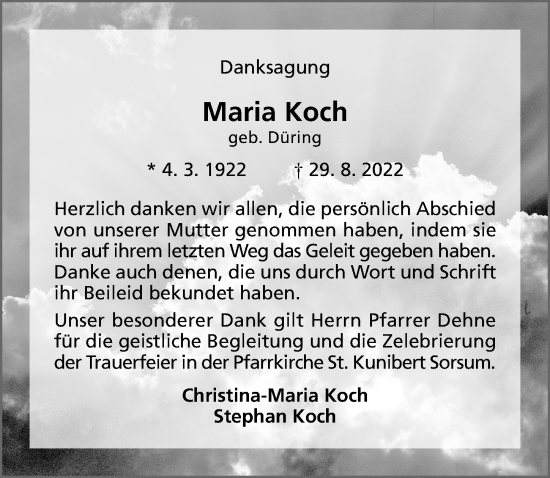 Traueranzeige von Maria Koch von Hildesheimer Allgemeine Zeitung