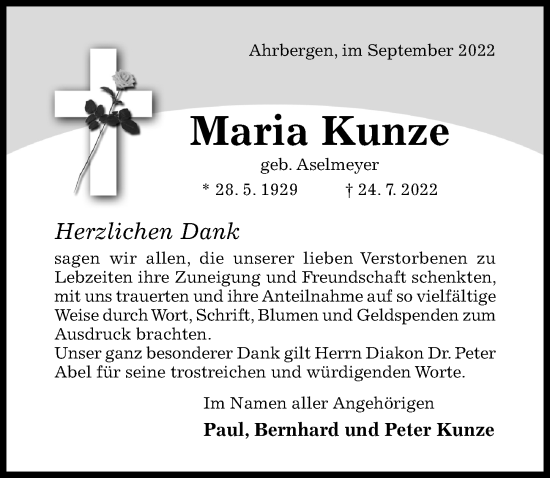 Traueranzeige von Maria Kunze von Hildesheimer Allgemeine Zeitung