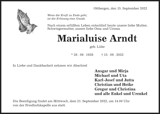 Traueranzeige von Marialuise Arndt von Hildesheimer Allgemeine Zeitung