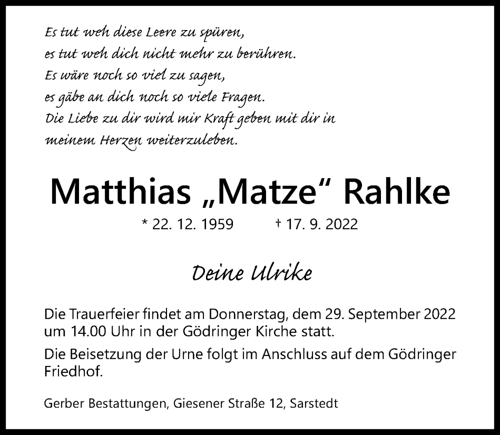  Traueranzeige für Matthias Rahlke vom 22.09.2022 aus Hildesheimer Allgemeine Zeitung