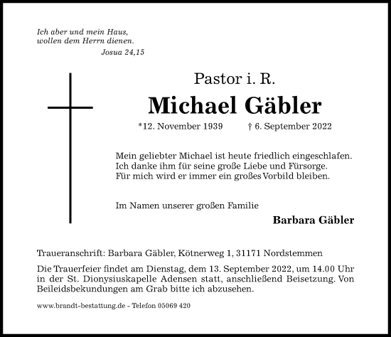 Traueranzeige von Michael Gäbler von Hildesheimer Allgemeine Zeitung