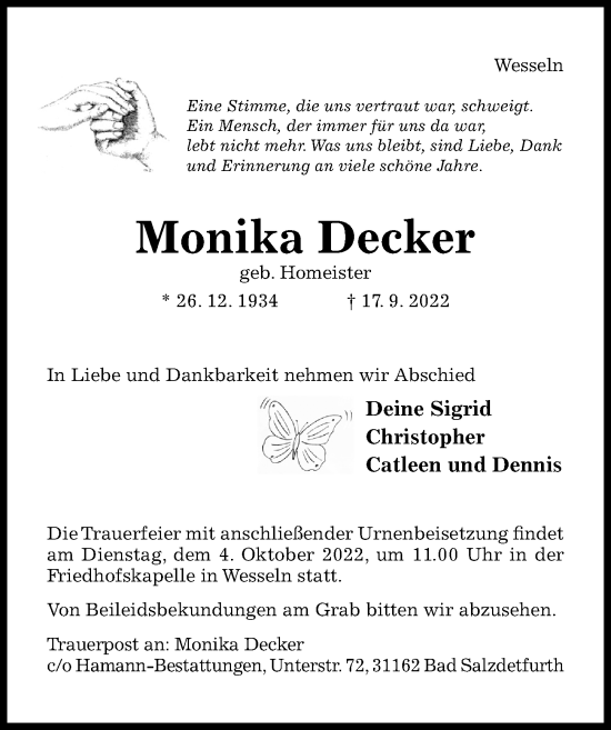 Traueranzeige von Monika Decker von Hildesheimer Allgemeine Zeitung