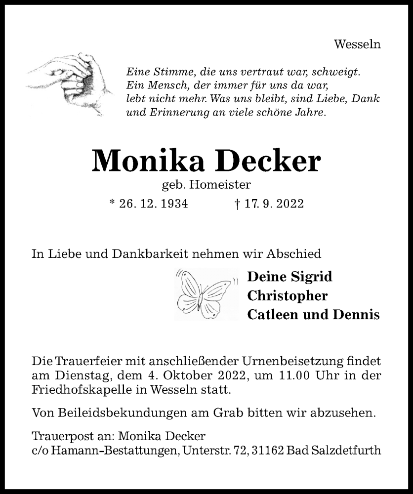  Traueranzeige für Monika Decker vom 21.09.2022 aus Hildesheimer Allgemeine Zeitung
