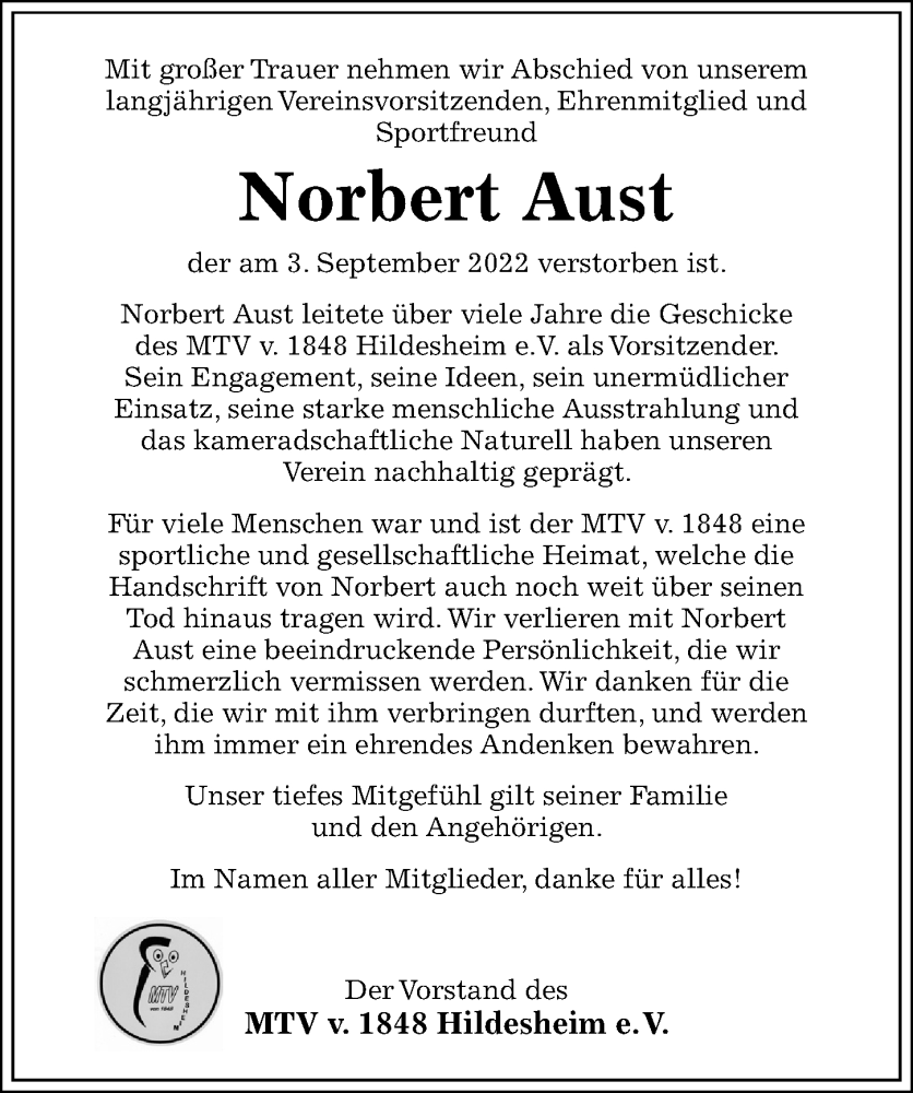  Traueranzeige für Norbert Aust vom 07.09.2022 aus Hildesheimer Allgemeine Zeitung